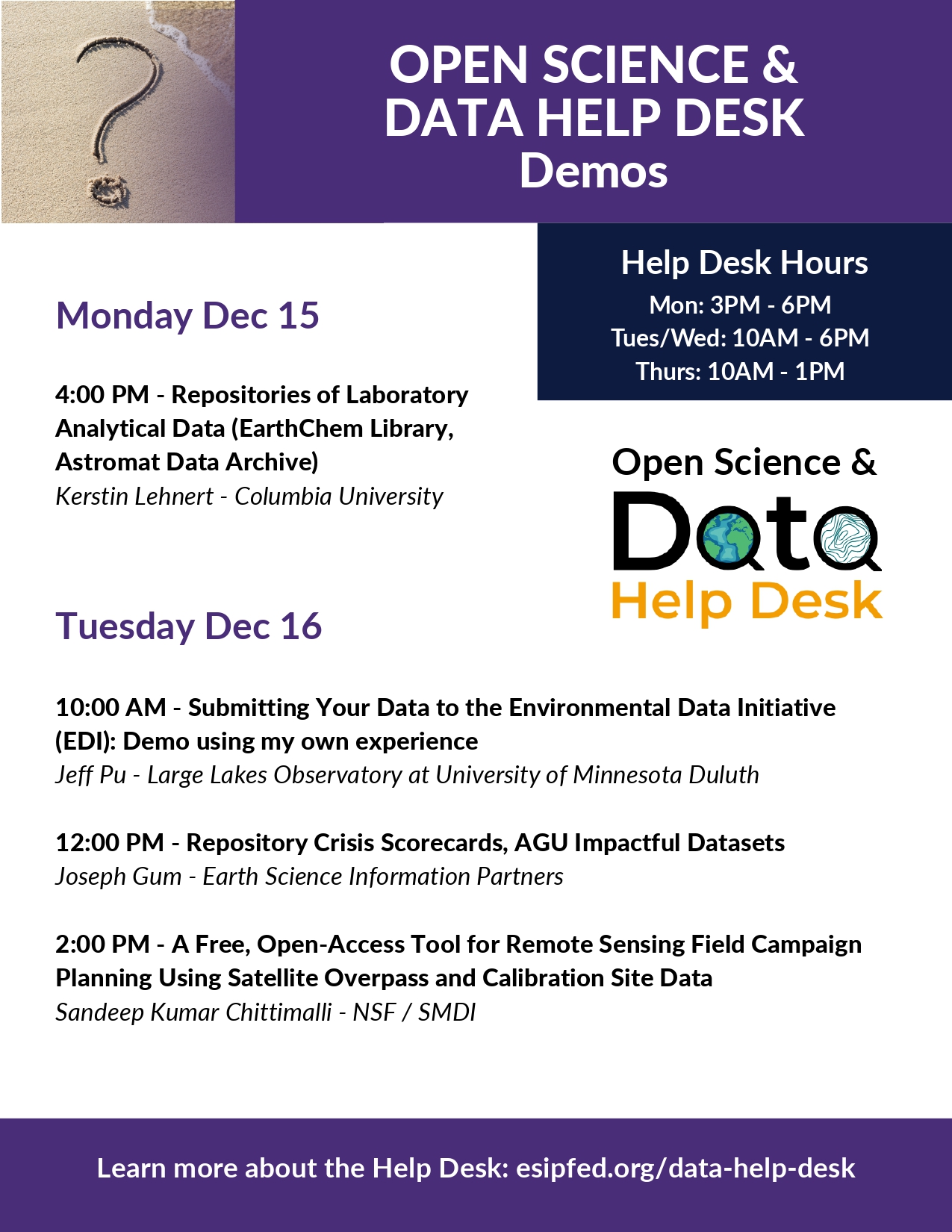 Data Help Desk AGU 2025 Demo Schedule