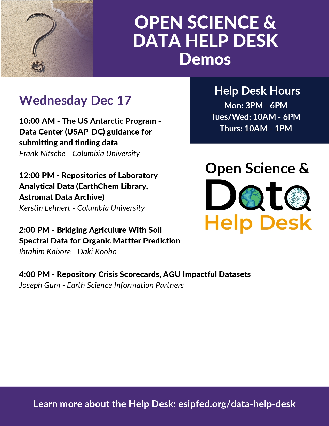 Data Help Desk AGU 2025 Demo Schedule