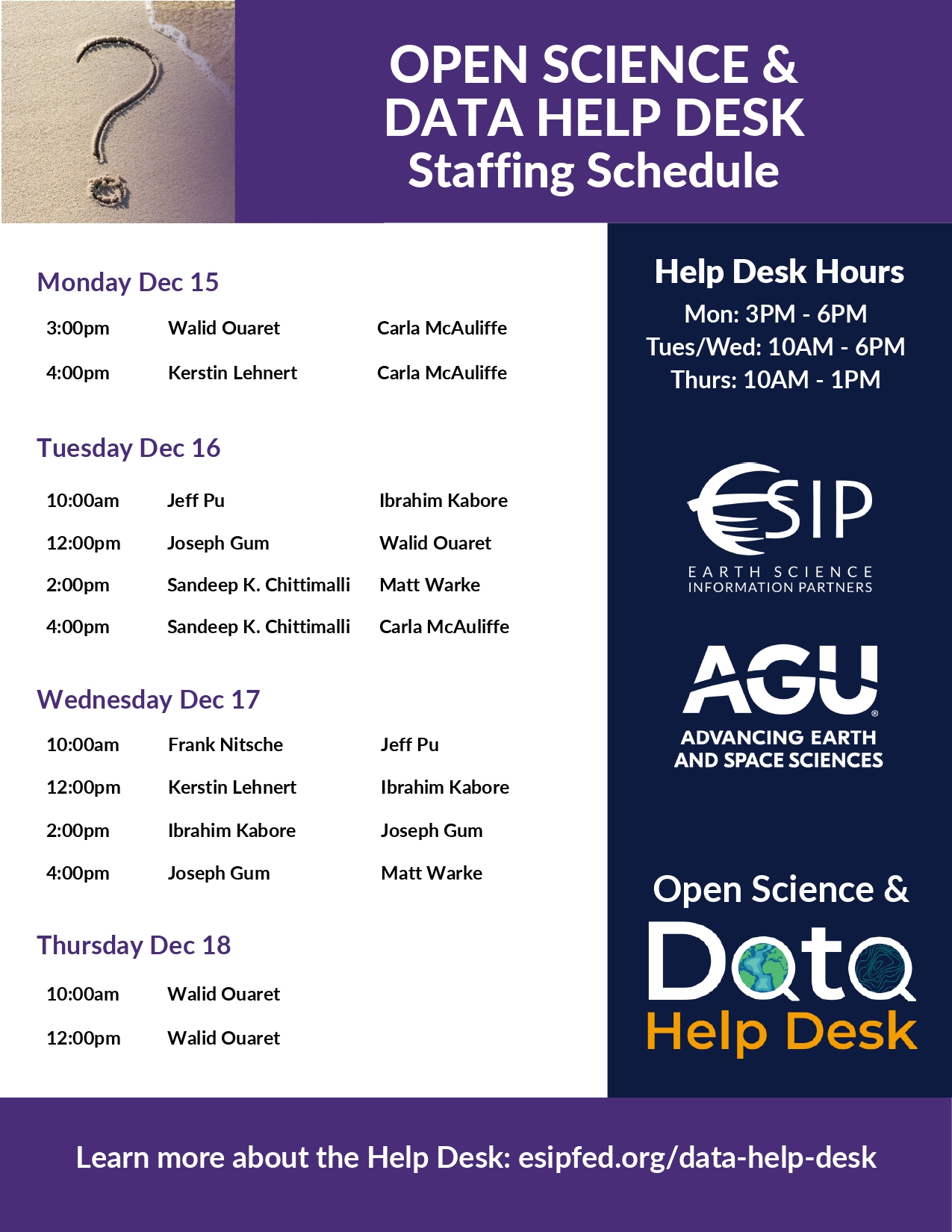 Data Help Desk AGU 2025 Volunteer Schedule